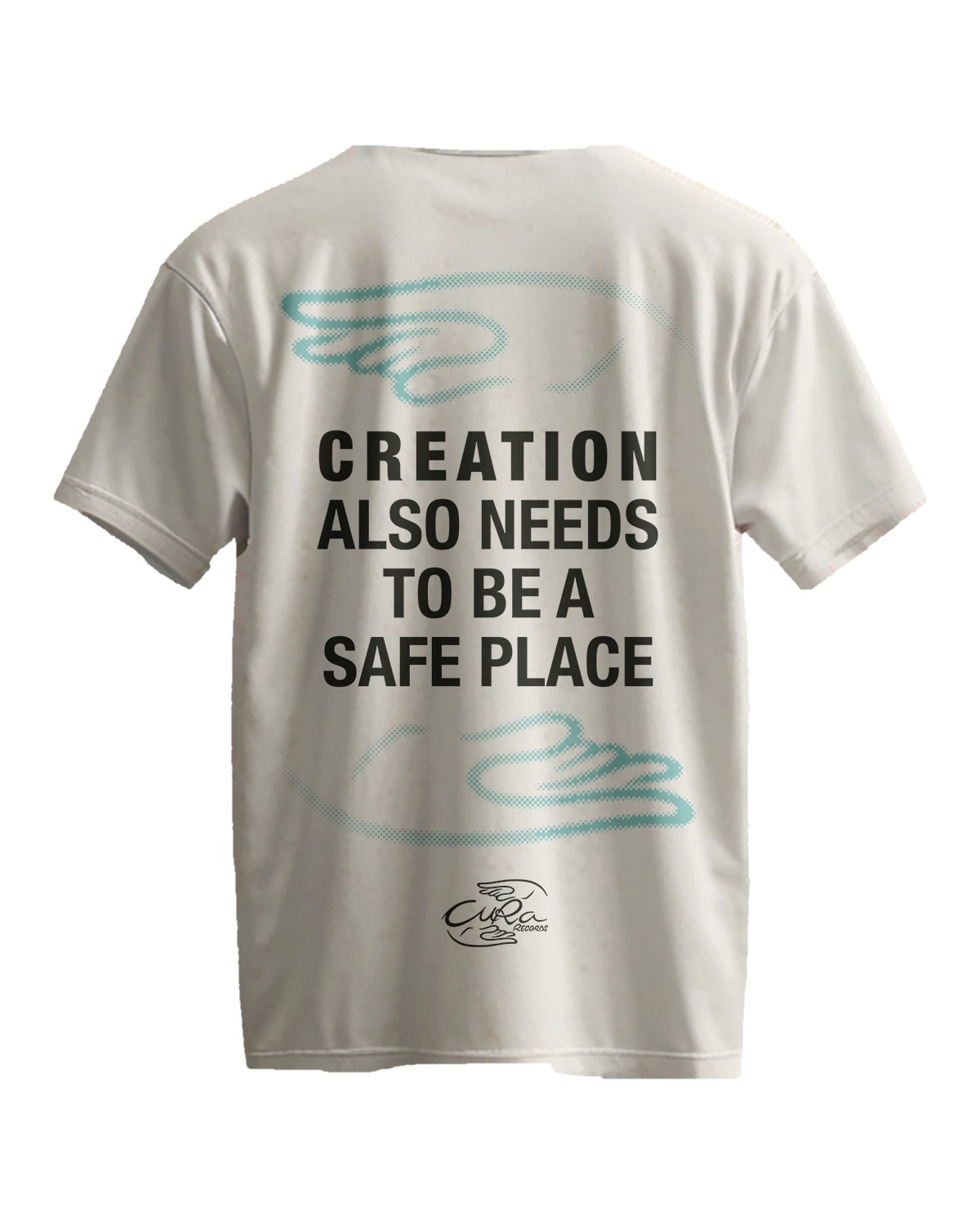 Costas da camiseta “Creation also needs to be a safe place”, off-white, com a estampa